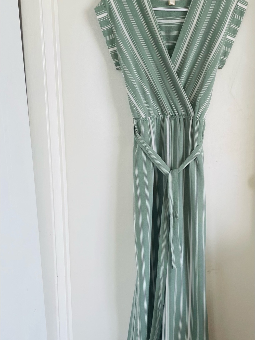 Monteau Sage Green & White Striped Wrap Jumpsuit